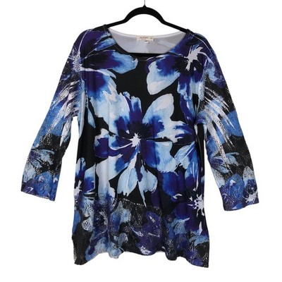 Jess & Jane Womens Artsy Watercolor Mesh Side Tunic Top Size XL Blue