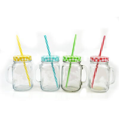 Glas Einmachglas Trinkbecher Cocktails Bierdeckel und Strohhalm 4 Farben Outdoor