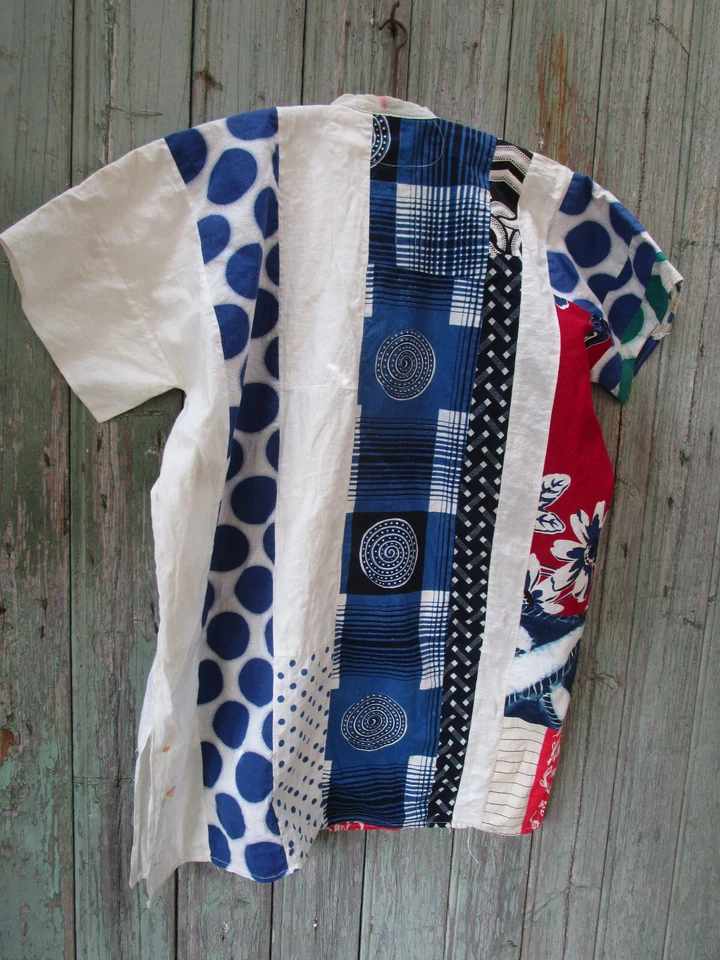 Chemise manches courtes véritable Patchwork tissu ancien Fait main Vintage - Photo 2/4