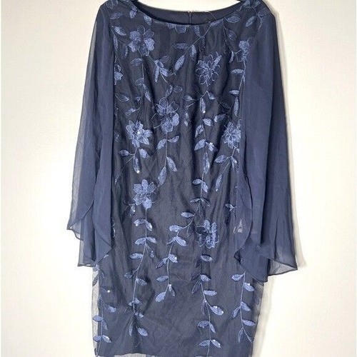 CONNECTED APPAREL Women'SNavy Sequined Floral Long Sleeve Scoop Neck Dress New 4 - Picture 9 of 10