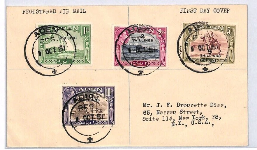 ADEN 1951 FDC KGVI Surcharges HIGH VALUES 10s 5s 2s 1s Registered GPO USA YJ244 - Image 2 of 4