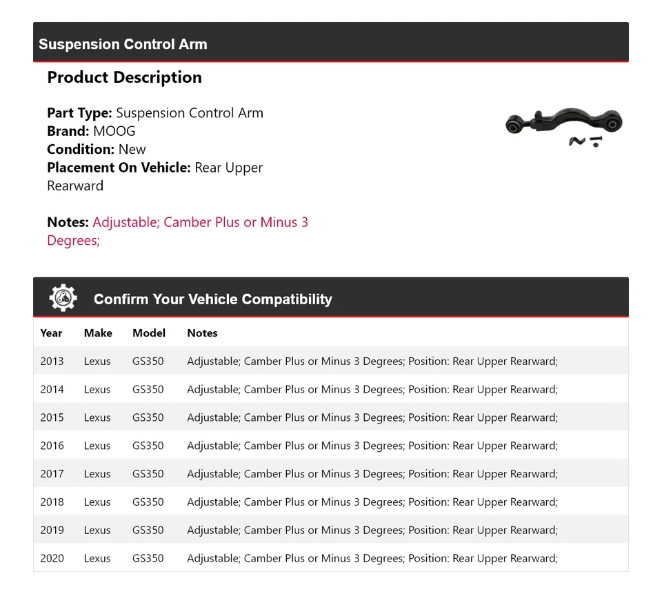 Brazo de control de suspensión trasero superior trasero MOOG 2013-2020 para Lexus GS350 Foto 2 de 4
