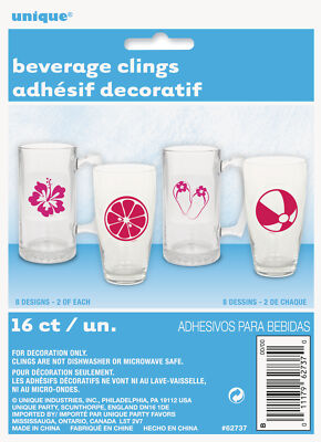 Minimalist Summer Fun Tropical Beach Luau Plastic Beverage Clings, 16 CT, Pink