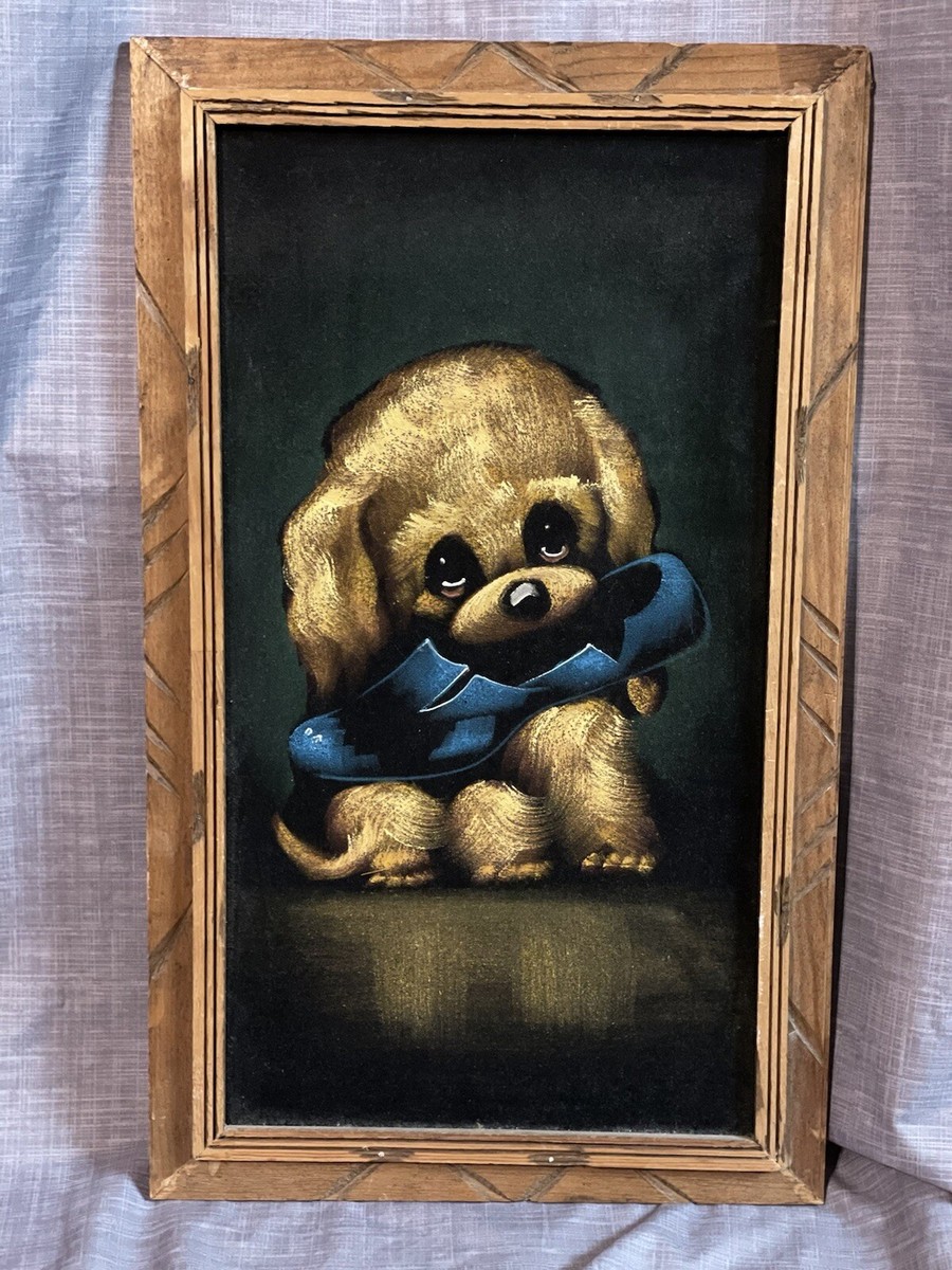 Vintage Original Velvet Painting of Wide Eyed Cocker Spaniel Puppy