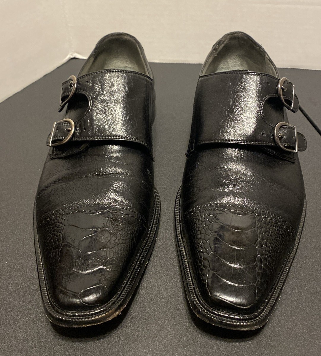 BELVEDERE Mens Black Leather Genuine Ostrich Double Monk  display picture 2