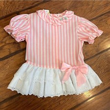 Vtg baby girl dress 12 months pink white lace ruffles USA made cottage core