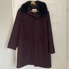 Lk Bennett Aoste Coat Burgundy Wine Size 16 Detachable Fur Collar Wool Cashmere