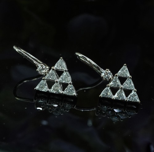 Orecchini vintage trilioni di diamanti goccia oro bianco 18 carati tenuta - Foto 5 di 6