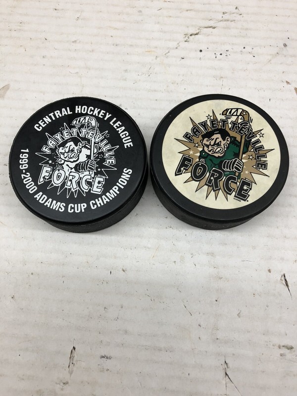 2 Fayettville Force Central Hockey League Hockey Pucs (1 Adams Cup Champions)