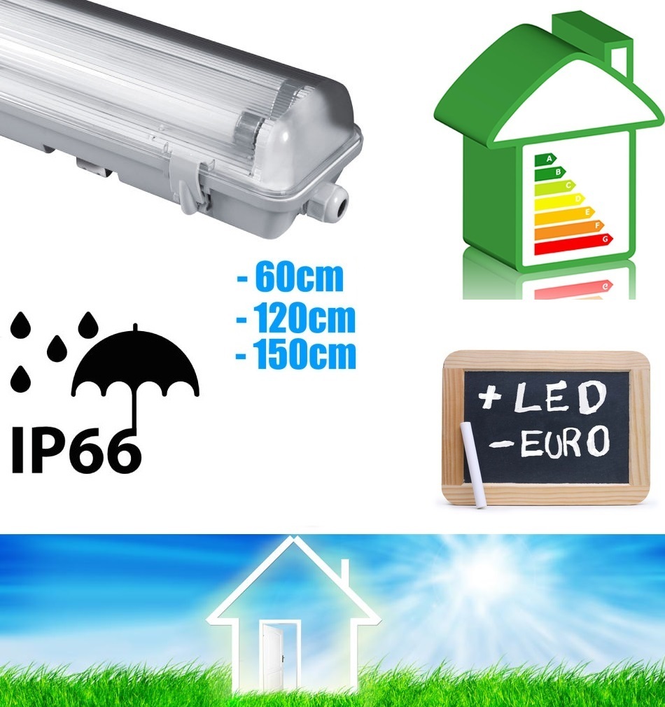 Plafoniera Stagna A LED IP65 2x20W: Corpo In ABS E Diffusore In Policarbonato, Per Esterno E Officina, Neon NON Inclusi