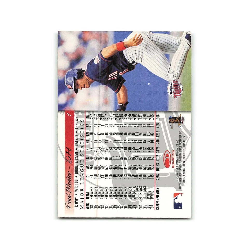 Paul Molitor 1998 Donruss #1 Minnesota Twins Baseball Card NM - Image 2 of 3