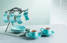 Turquoise Porcelain Espresso Cup Set with Saucers & Metal Stand – Set of 6 (4oz)
