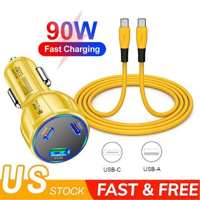 90W Fast Charging Car Charger Type-C Cable For iPhone 17 16 15 14 13 12 Pro Max