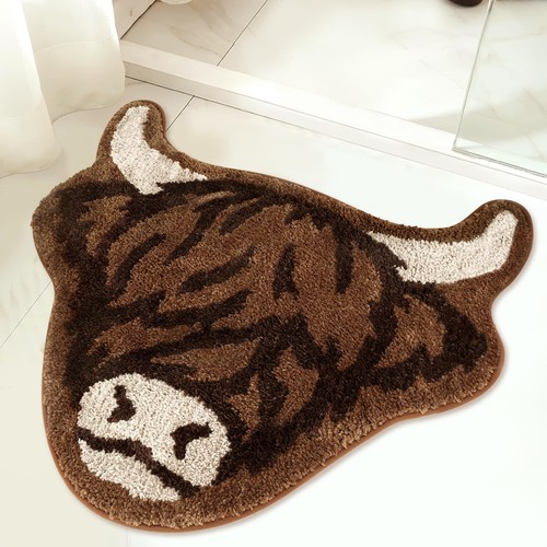 Highland Cow Tufted Rug Bath Mat Scottish Long Horn Fluffy Cow Bathroom Showe...