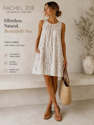Rachel Zoe 100% Linen Shift Dress Small Cream Floral Sleeveless Summer Resort B2