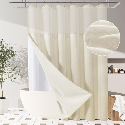 Linen Shower Curtain with Liner Set Morden Farmhouse Shower Curtain with Hook... - 第 1/6 張圖片