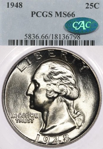 1948 25C PCGS MS66 CAC Washington Silver Quarter