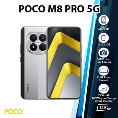 Xiaomi POCO M8 Pro 5G Android Cell Phone (12GB+512GB/SILVER/Dual SIM/Unlocked)
