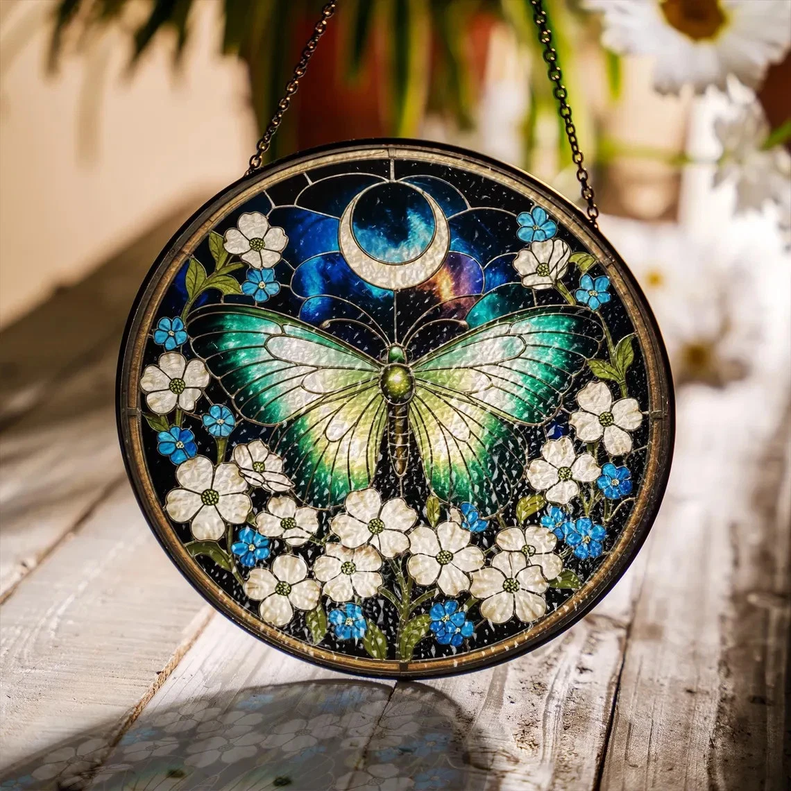 Lunar Moth and Moon Stained Glass Suncatcher, Decor Gift
