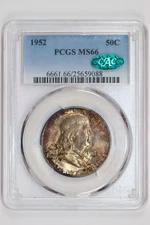 1952 FRANKLIN HALF DOLLAR PCGS MS66 CAC - VERY PQ! PRETTY COLOR!