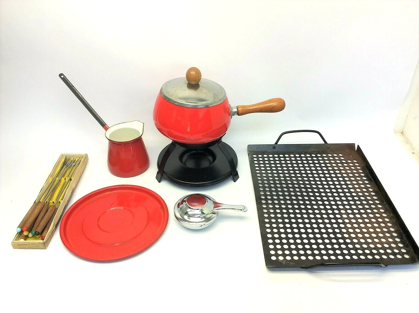 "Mixed Lot Mid-Century Modern Fondue Pot, Forks & Serving Dish Set - Red Japan