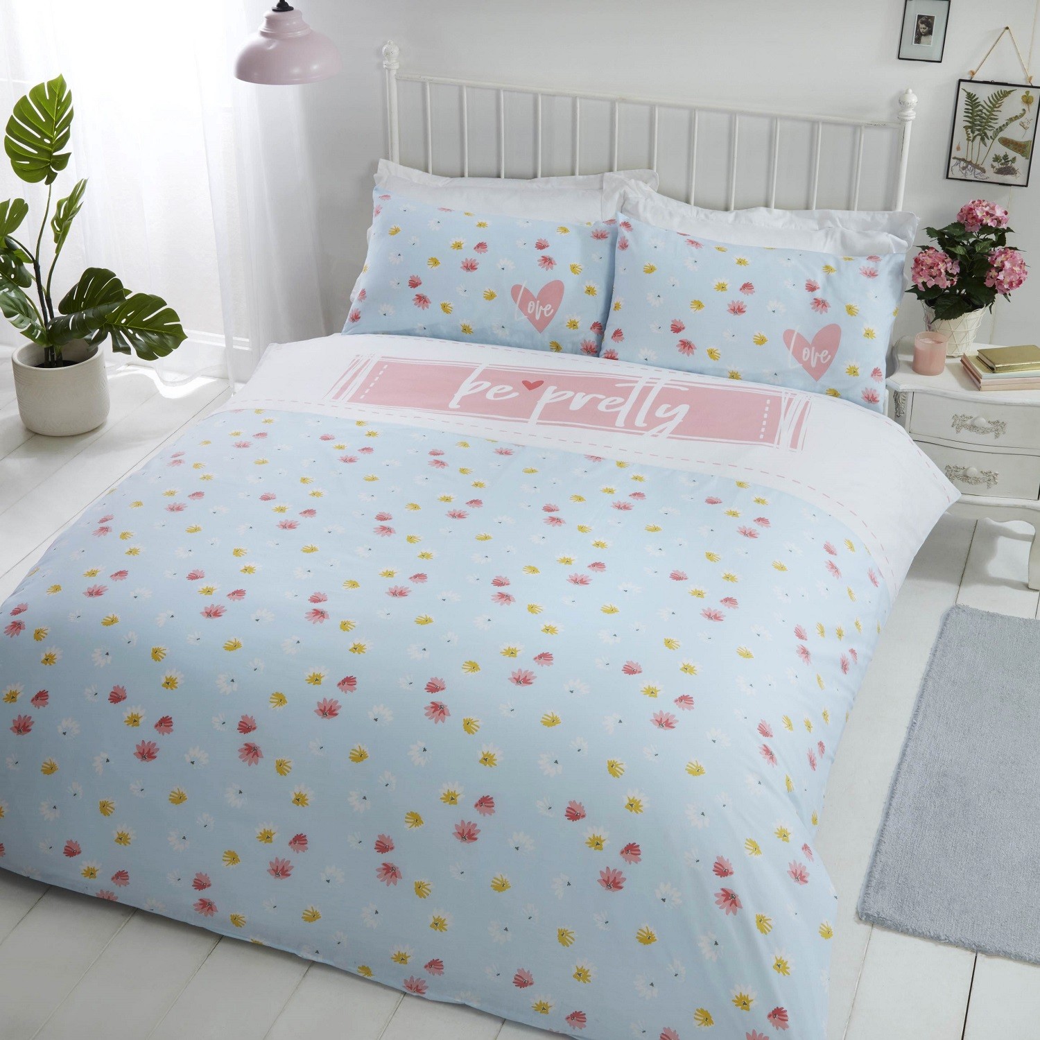 Be Pretty Duvet Cover Luxury Floral Double Quilt Bedding Linen Set Duck Egg Blue