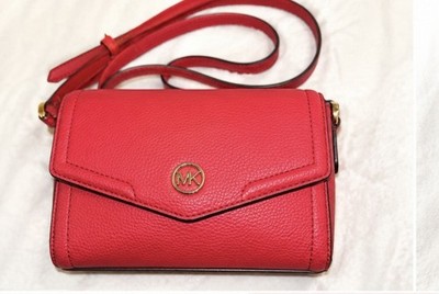 Michael Kors Red Small Pebbled Crossbody, Gold MK Logo, Magnetic Flap