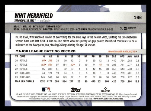 2024 Topps Big League #166 Whit Merrifield - Picture 2 of 2
