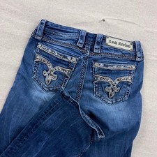Rock Revival Loreen Bootcut Jeans Size 26 Blue Mid Rise Embellished Fleur De Lis
