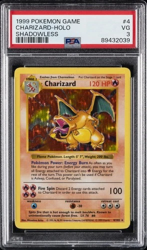 1999 POKEMON BASE SET SHADOWLESS #4 CHARIZARD-HOLO PSA 3