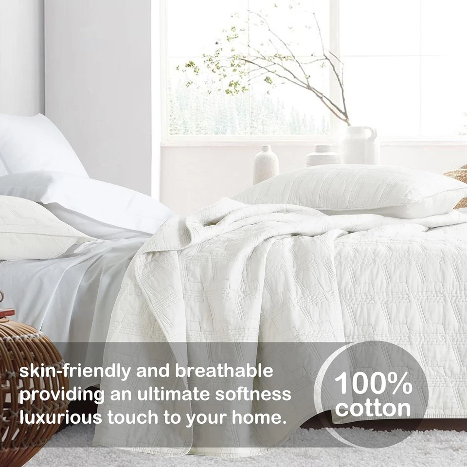 100% Cotton Quilt Set Queen Size, White Pre-Washed 3-Piece Bedspread Coverlet Se - Image 2 of 4