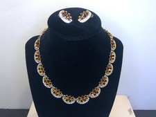 Vintage Bogoff Gold Tone Metal Clear & Amber Rhinestone Necklace & Earring Set