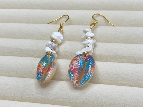 Colorful Crushed Stone White Turquoise & Shell Dangle Earrings- 925 Silver Hook - Picture 8 of 10