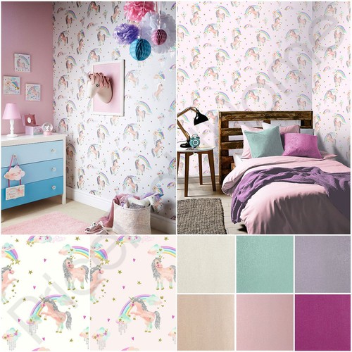 ARTHOUSE RAINBOW UNICORN WHITE PINK & GLITTERATI GLITTER WALLPAPER KIDS