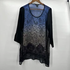 Citron Santa Monica Tunic Top Womens Large Blue Floral Flowy Vacation Silk Sheer