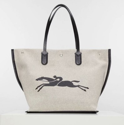 Longchamp L size Tote Bag Cotton Hand bag Botton bag Canvas bag Beige Leather