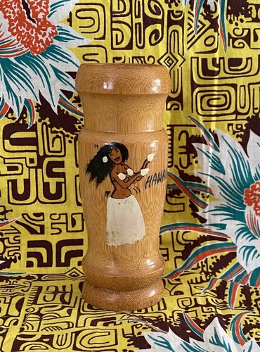 Vintage Souvenir Hawaiian Wood Vase W Hula Dancer