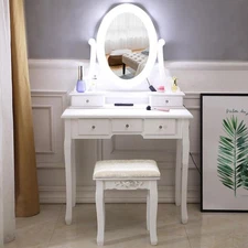 Vanity Table Set 10 LED Lights Mirror w/ 4 Drawers Makeup Dressing Dresser Desk