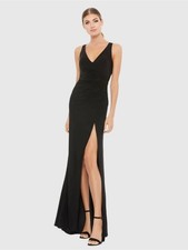 Ieena for Mac Duggal 25846 Black Plunge Neck High Slit Jersey Gown Size 4 $278
