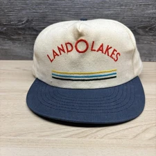 Vintage Land O Lakes Hat Cap Snap Back One Size Cream Blue Advertising Mens 80s