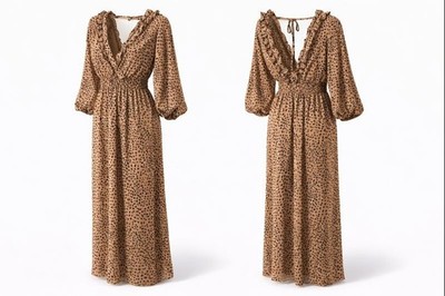 Oddy Women s Leopard Print Maxi Dress V-Neck Long Sleeve Boho Chic Size S