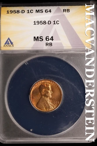 1958-D Lincoln Wheat Cent-ANACS MS 64 RB Choice Gem BU No Reserve #SLK1031