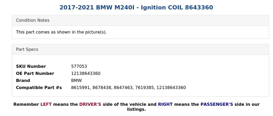 BMW M240I 2017-2021 - Bobina de encendido 8643360 Foto 4 de 4