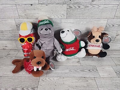 Coca-Cola Bean Bag Plush 5 Doll Lot 1997 Bear Seal Deer Walrus Can Vintage
