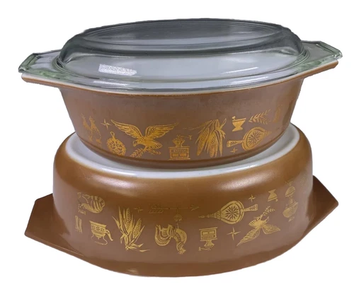 Vintage Pyrex 043 with Lid, 045 Early American Brown/ Gold
