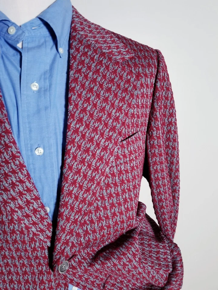  Chaqueta Blazer Abrigo Deportivo 38R Vintage Hounstooth Check Rojo Gris Tweed Años 70 Foto 3 de 4