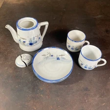 Vintage Miniature Tea & Dish Set Blue & White Porcelain Made in Japan - DAMAGED