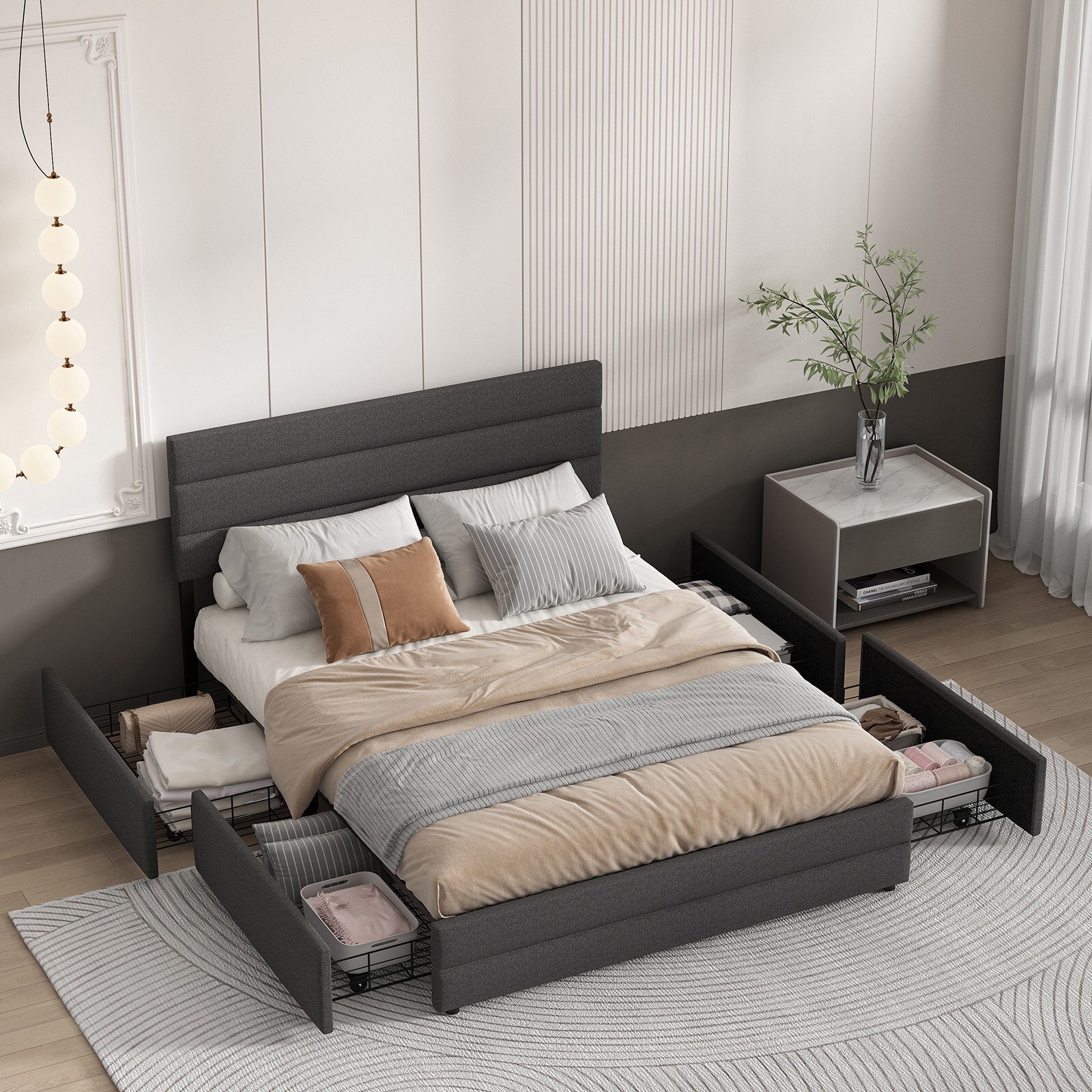 Bed Frame with 4 Storage Drawers,Fabric Upholstered Stripe Bed Frame Full Size