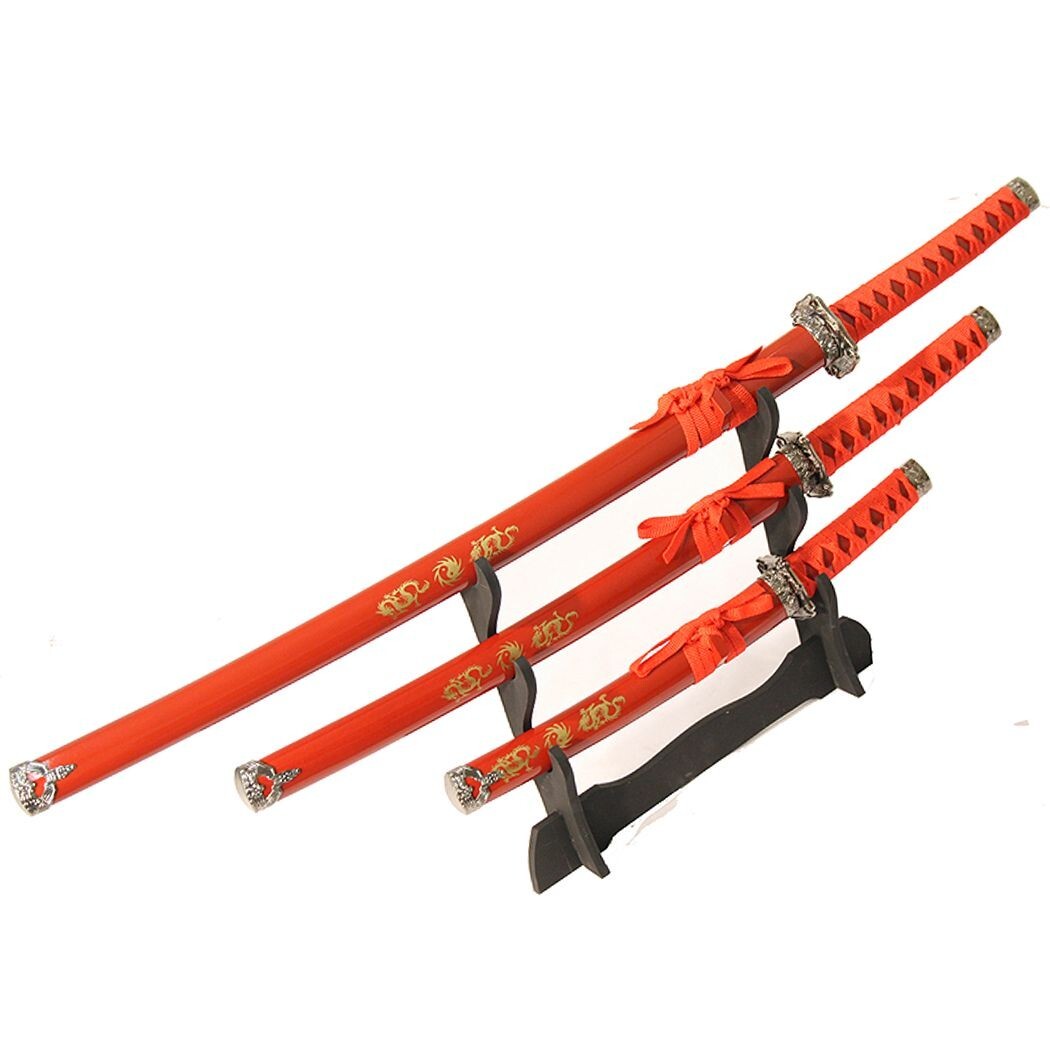 3 Pcs Red Samurai Japanese Swords Set w/ Stand 
