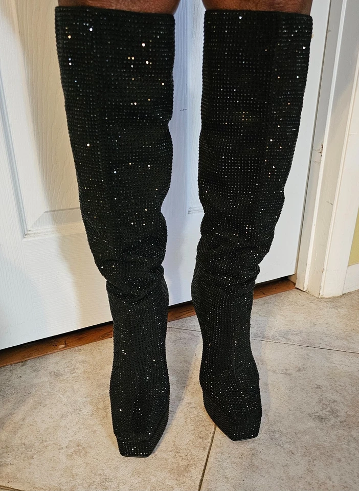 Sun Gurg Women's Thigh High Rhinestone Platform Stiletto Boots – Size 9, Black - Image 4 of 4